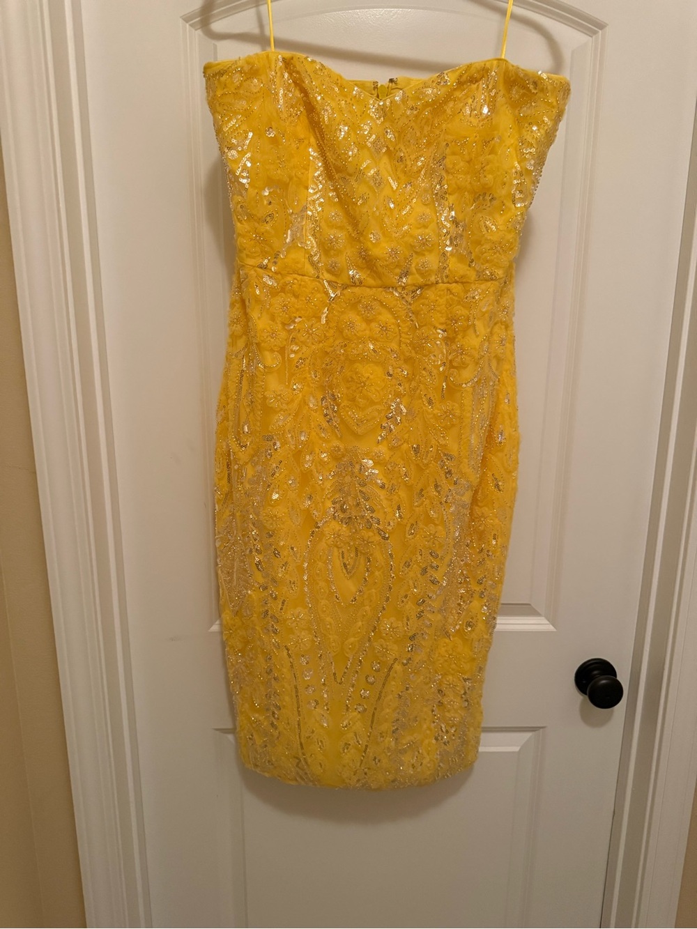 Dress the Population Yellow Strapless Beaded Midi Dress
